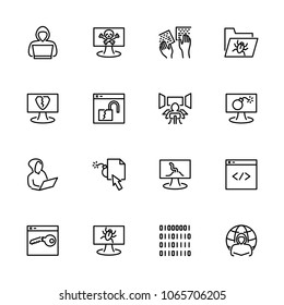 Line icon set related to hacking activity or web security testing. Editable stroke vector. Pixel perfect. Isolated at white background