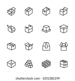 Line icon set related to paper box model and style also stacking method. Editable stroke vector, isolated at white background.