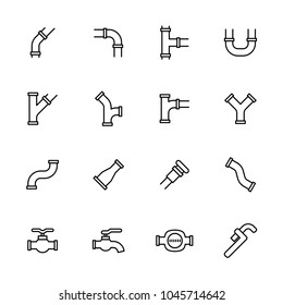 Line icon set related to pipe model, water meter, valve, tap and wrench. Editable stroke vector, isolated at white background
