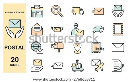 Line icon set related to postal services