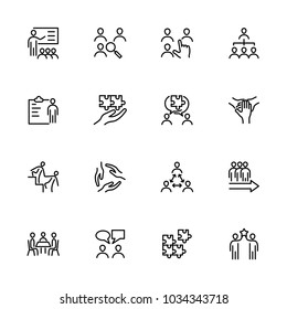 Line icon set related to team development, teamwork or team formation. Editable stroke vector, isolated at white background