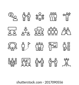 Line icon set related to team development, teamwork or team formation. Editable stroke vector, isolated at white background