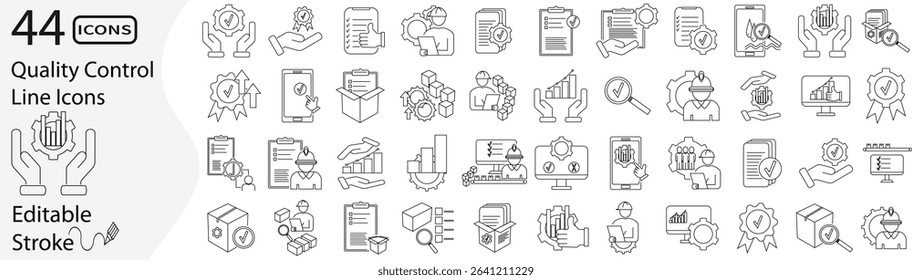 Line icon set representing quality control, checklist, process management, and productivity. 