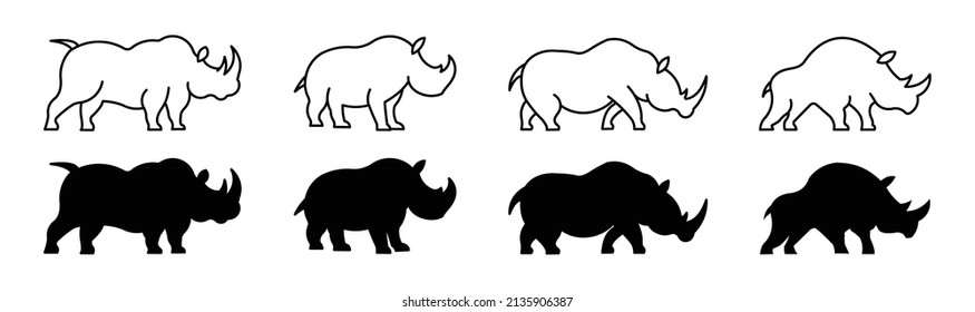 line icon Set of rhinoceros character,African rhino silhouette Vector illustration.