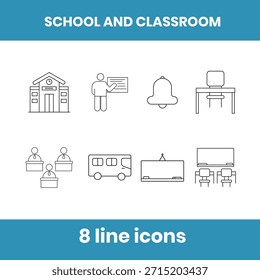 Conjunto de iconos de línea de Elementos de la escuela y el salón de clases, incluidos el edificio, el maestro, el estudiante, el escritorio, la pizarra, la campana y el autobús. Ideal para App de la educación, Sitios web y materiales de aprendizaje.