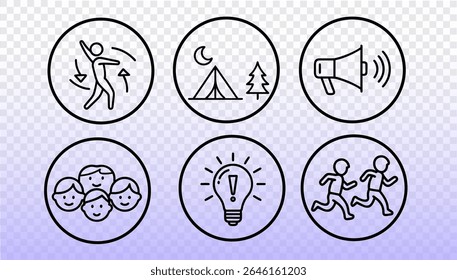 Line icon set school summer camp hiking concept. Outdoor education children teamwork adventure minimal style. Posters stroke transparent grid background vector illustration.