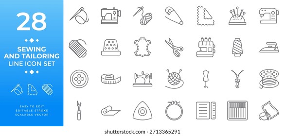 A line icon set for sewing and tailoring with editable stroke style, perfect for needlework, fashion design, clothing creation, textile industry, craft, hobby, and creative projects