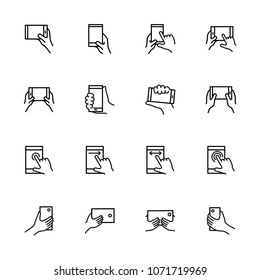 Line icon set of smartphone touchscreen instruction. Hand gesture while holding smartphone. Finger touching phone screen. Editable stroke vector EPS 10. Isolated at white background. Pixel Perfect