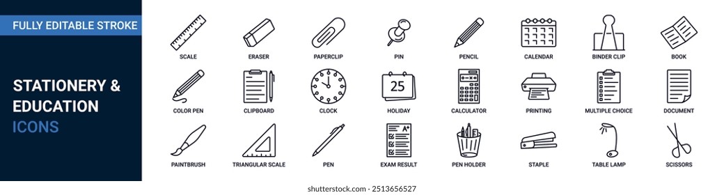 Ícone de linha de papel de carta e formação educacional. Contém caneta, lápis, relógio, calendário, calculadora, régua, tesoura e símbolo de traçado editável de grampo.