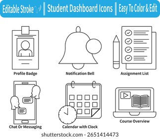 Ícone de linha definido da interface do usuário do painel do aluno. Inclui crachá de perfil, campainha, atribuições, bate-papo, calendário e visão geral do curso. Ideal para aplicativos, sites e e-learning.
