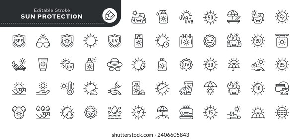 Line icon set. Sun protection. Tanning and sunscreen. UV protection. Outline icon collection. Pictogram and infographic. Editable stroke.	

