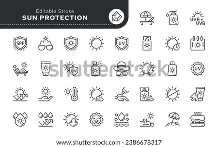 Line icon set. Sun protection. Tanning and sunscreen. UV protection. Vector icon pack.