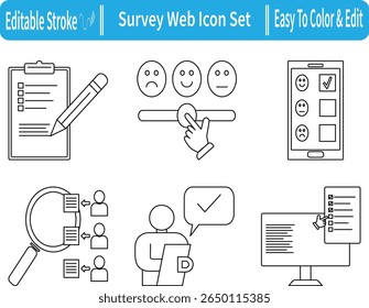 Line icon set for survey and feedback featuring rating scale, clipboard, mobile review, user data analysis, and checklist. Easy to edit and color.