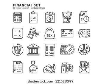 Line icon set for tax payment, tax return, salary payment, personal and family budget, finance control. People study the financial report, audit and accounting. Flat outline icon. Editable stroke