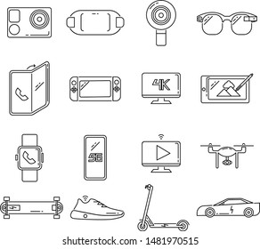 line Icon set for technology communication, phone, connection, electric transportation, game, media streaming, wireless, digital camera, apparel, and virtual reality.