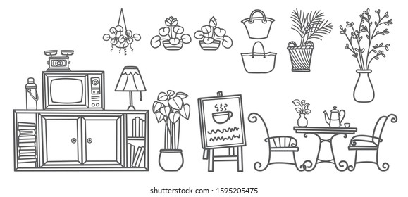line icon set. television on wooden table. coffee time.