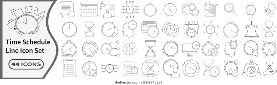 Line icon set for time management, schedule planning, productivity, deadlines, stopwatch, calendar, and task organization. Ideal for business and workflow apps.