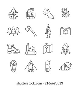 Сamping line icon set. Tourist vector symbols include compass, backpack, berry, forest, fish, camera, pocket knife, tent. Editable stroke.