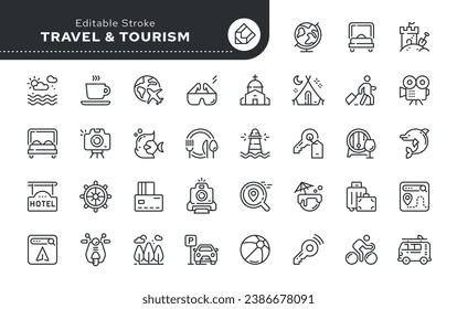 Line icon set. Travel and tourism. Vacation, hotel stay and trip to the sea. Entertainment at the resort. Cruise. Vector icon pack.