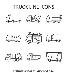 Line icon set of trucks and heavy industrial vehicles. Vector collection representing transport, construction, and emergency machinery.