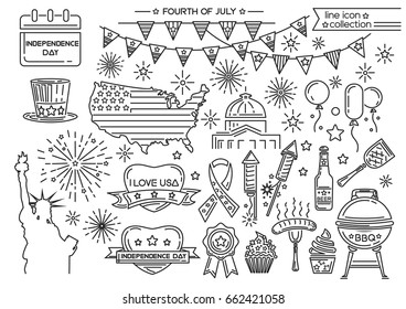 Line icon set for United Stated Independence Day. Fourth of July. Vector illustration