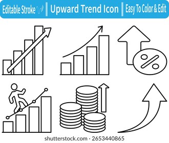 Line icon set of upward trend including graph arrow, bar chart, coins, percentage growth, and business success icons. Editable stroke. Isolated on white.
