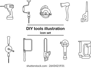 Line icon set of various DIY tools including drill, saw, axe, blower, chainsaw, grinder, and more. Vector illustration for construction, repair, woodworking, and home improvement.