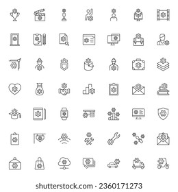Line icon set of various isolated signs next to gear or cogwheel. Suitable for apps, stores, banners. Editable strokes for design 