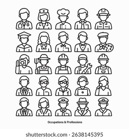 Line icon set of various professions. Includes doctor, nurse, chef, teacher, engineer, artist, pilot, detective, farmer, and more. Simple and modern outline style