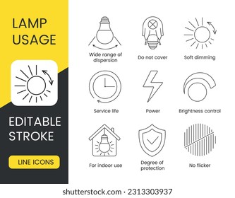 Line icon set in vector for lamp packaging, technical specifications illustration, wide range of dispersion and do not cover, soft dimming and service life, power. Editable stroke