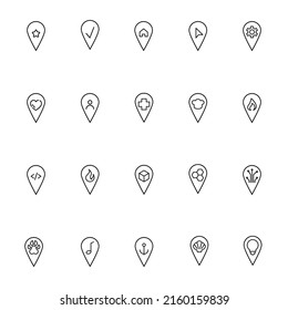 Line icon set with vector monochrome outline symbols of checkmark, house, cursor, gear, star, user, cross, heart, flame, cube inside of geolocation sign 