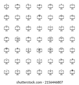Line icon set with vector symbols of computer with arrow, star, user, flame, home, gear and other signs inside. Suitable for articles, books, banners, web sites, stores, shop etc