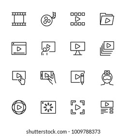 Line icon set of video production or publishing activity and symbol illustration. Isolated vector at white background and editable stroke