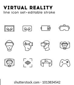 Line Icon Set of Virtual realit.The icon set includes virtual reality glasses, virtual reality helmet, 360 viewing, panoramic image, joystick, eye scanner 