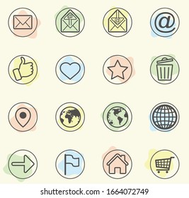 Line icon set for web site and mobile apps. Basic popular vector web icons set. Solid pastel flat tile. Simple contemporary modern style. Web design element. Black silhouette on white background.