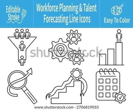 Line icon set for workforce planning and talent forecasting featuring hiring funnel, skill gears, growth chart, analytics search, career steps, and planning calendar symbols.