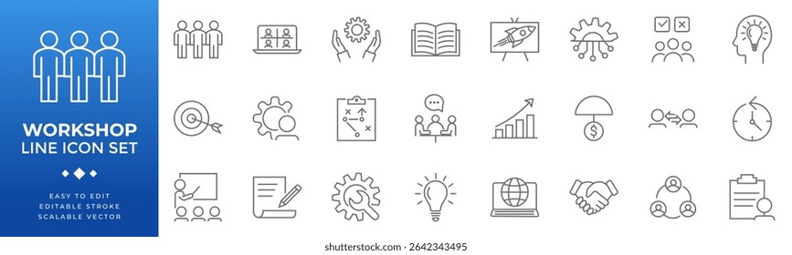 Conjunto de ícones de linha para workshops, incluindo colaboração em equipe, educação, estratégia, planejamento, crescimento, inovação e treinamento empresarial. Traçado editável e formato de vetor escalável.