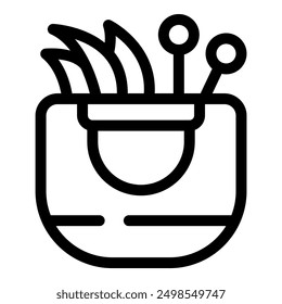 Line icon of a sewing kit with yarn balls and needles sticking out of the pocket
