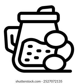 Line icon of a shaker bottle for protein shakes with protein balls for fitness and workout recovery
