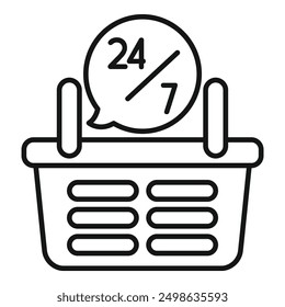 Line icon of a shopping basket and a speech bubble showing 247 availability, representing online shopping