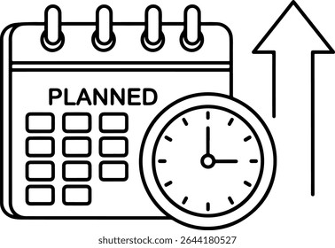 Line icon showing a calendar, clock, and upward arrow, symbolizing scheduled strategy execution, planning, and goal-oriented action.

