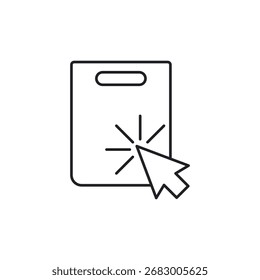 Line icon showing a cursor clicking on a retail shopping bag.