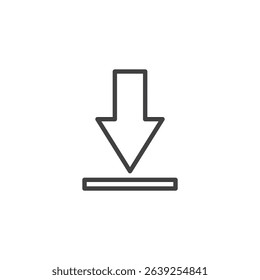 Line icon showing a downward arrow pointing to a surface. This outline vector icon represents downloading or saving data. Network symbol for digital use.