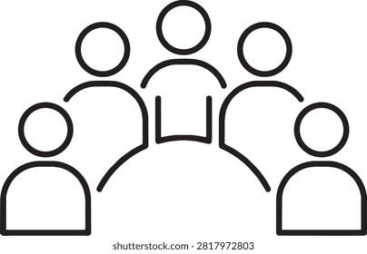Line icon showing a group of figures seated around a circular arrangement. Excellent for roundtable discussion, conference, community center, group therapy, and teamwork.