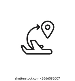 Icono de línea que muestra un pin de ubicación y un avión, que representa el destino del vuelo