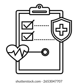 Line icon showing a medical checklist on a clipboard with checkmarks, heart with heartbeat line, and health shield symbol.