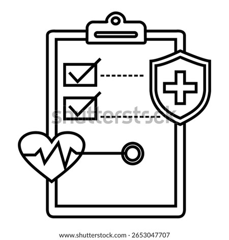 Line icon showing a medical checklist on a clipboard with checkmarks, heart with heartbeat line, and health shield symbol.