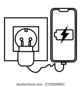 Icono de línea que muestra un teléfono móvil que se carga desde una toma de corriente de pared, que representa el flujo de electricidad, la energía de la batería y el concepto de carga del dispositivo.