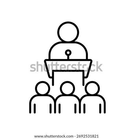 A line icon showing a speaker at a podium with a group below, representing representation, leadership and visibility