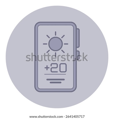 Line icon of smart weather monitor with sun graphic and temperature reading of plus twenty degrees. Design ideal for tech applications